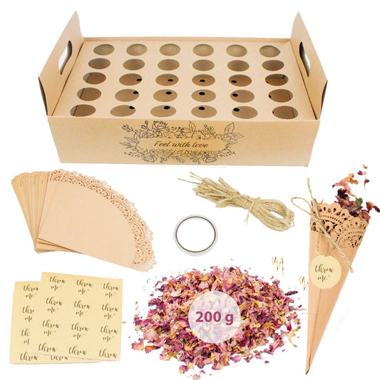 Boîte de 60 cônes craft avec pétales confettis de rose séchée naturelles