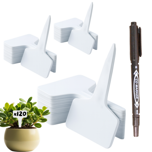 120 Étiquettes Jardin Blanches à Planter en Plastique + Marqueur | Forme T à Piquer