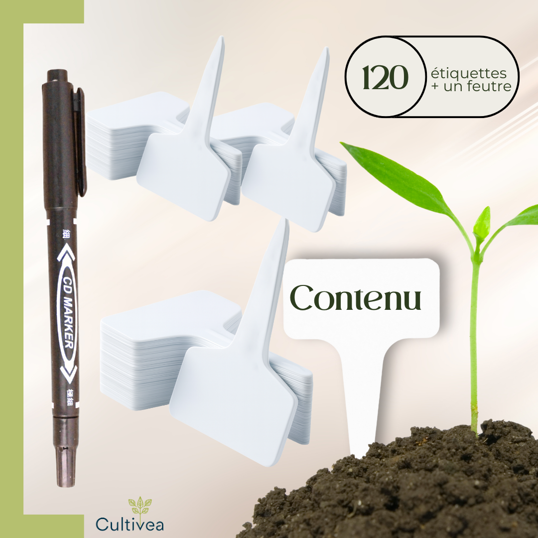120 Étiquettes Jardin Blanches à Planter en Plastique + Marqueur | Forme T à Piquer