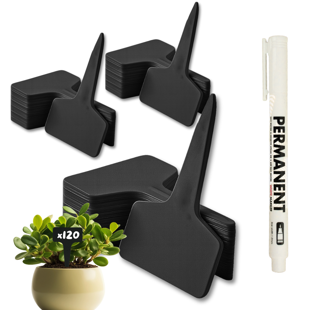 black plastic plant labels Cultivea Plastic Garden Labels (120 Pack) with Marker – Waterproof T-Shaped  Plant Tags for Outdoor Plants, Seedlings & Garden Organisation
