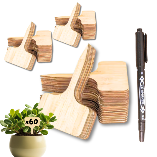 60 Étiquettes en Bois Jardin 10x6 cm + Crayon Double Mine