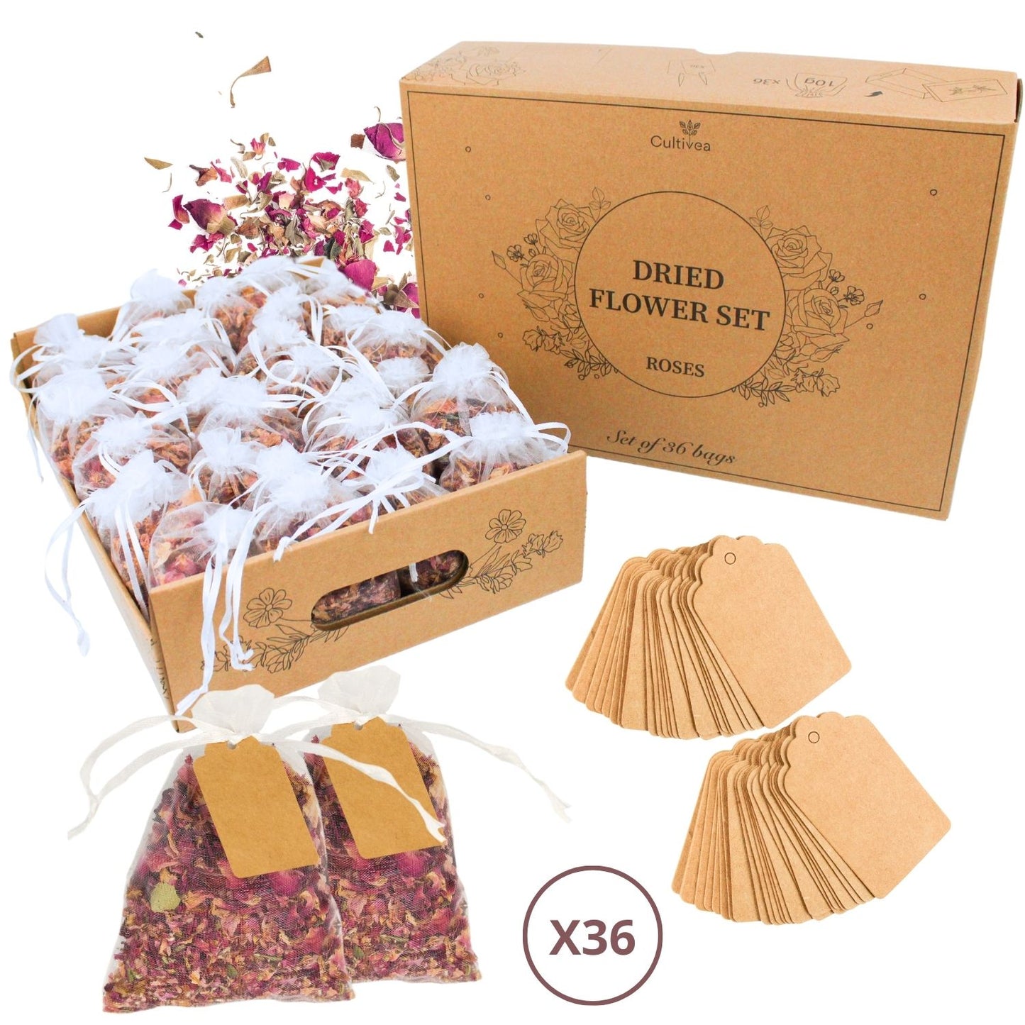 Plateau de sachets de fleurs séchées naturelles (Rose)