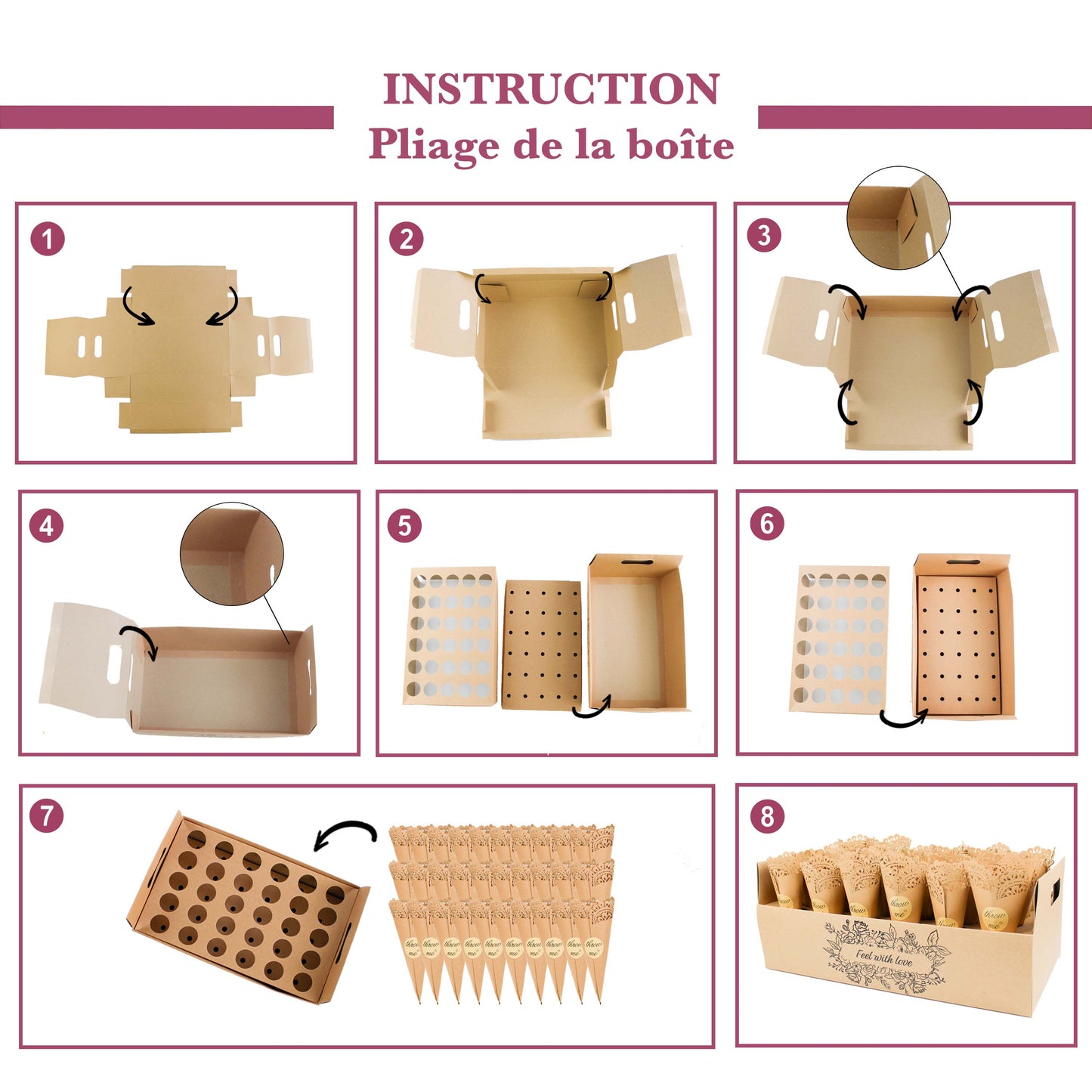 Boîte de 60 cônes craft avec pétales confettis de rose séchée naturelles