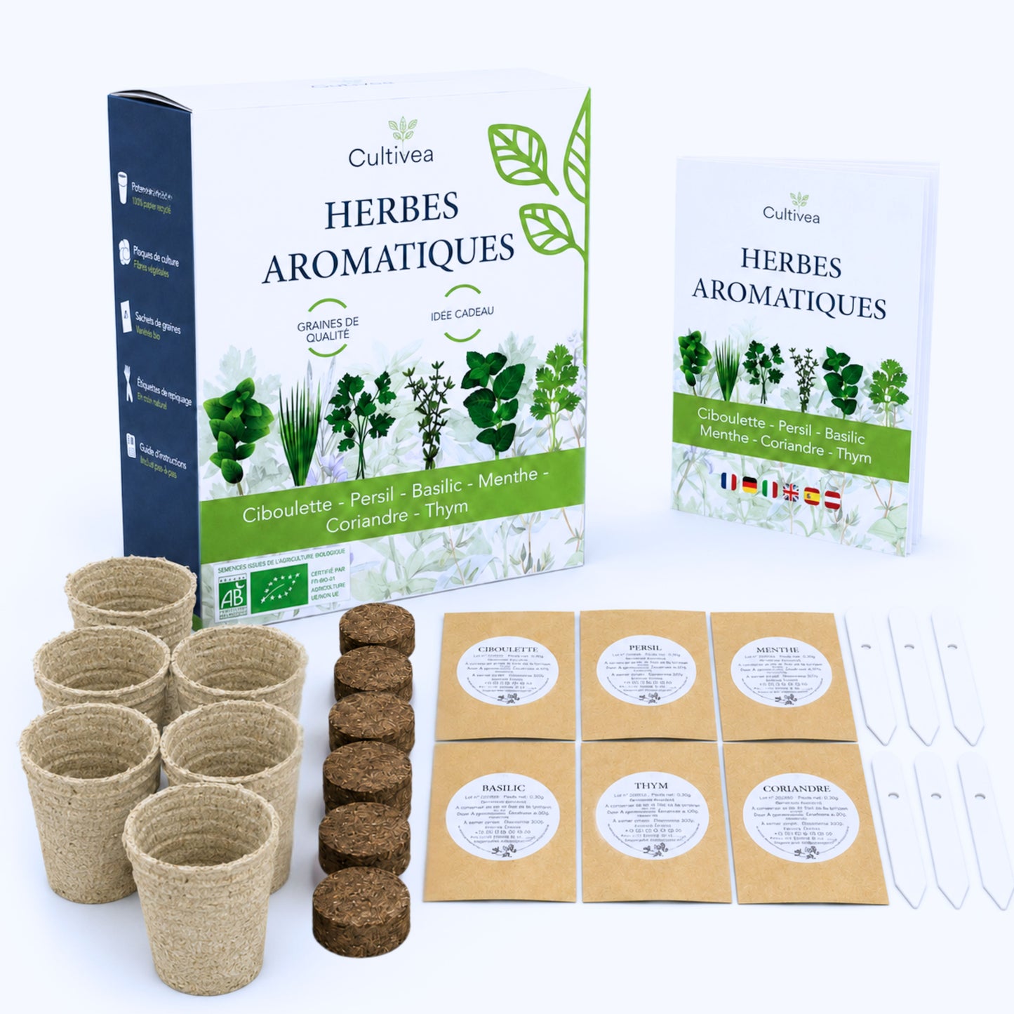 Kit Herbes Aromatiques BIO* Intérieur - Basilic, Menthe, Persil, Thym, Ciboulette et Coriandre