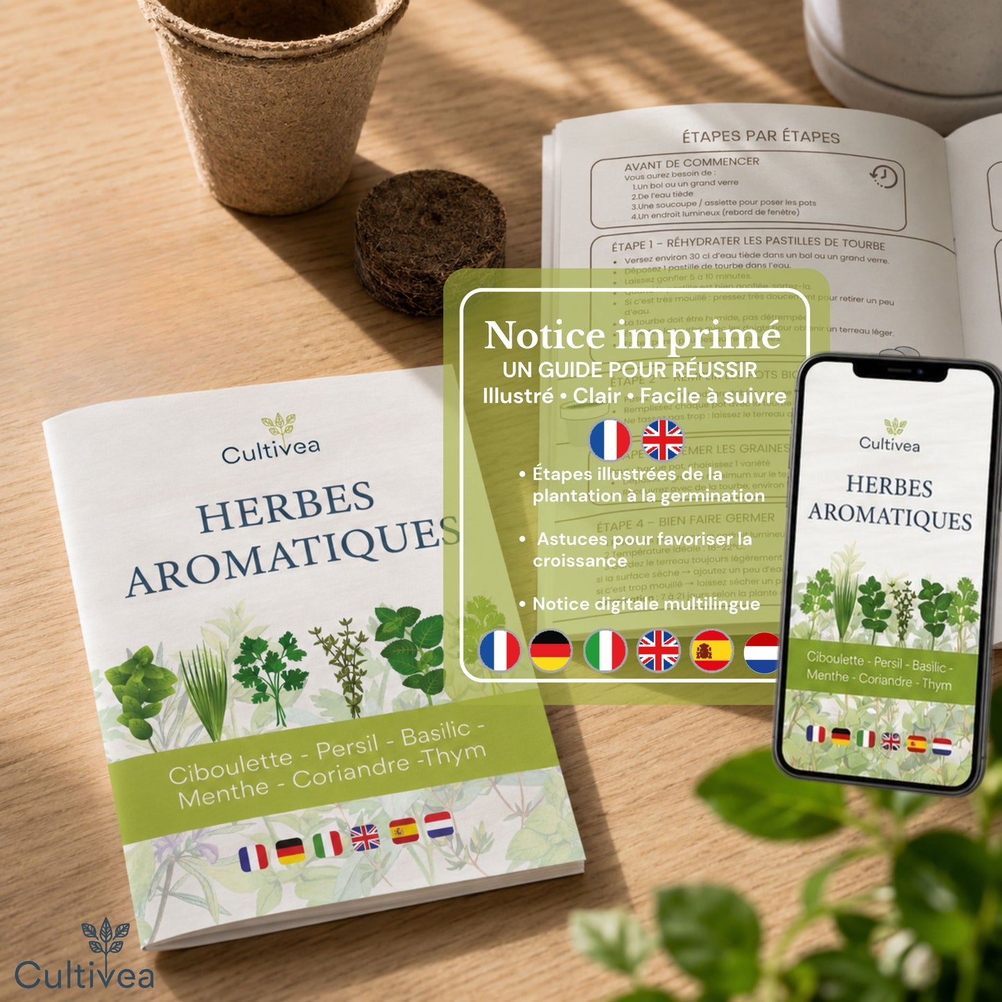 Kit Herbes Aromatiques BIO* Intérieur - Basilic, Menthe, Persil, Thym, Ciboulette et Coriandre